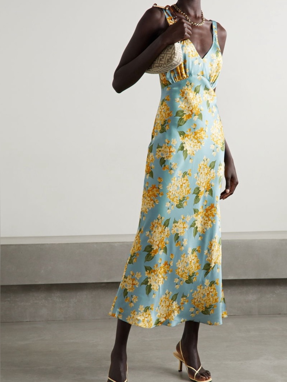 Reformation Hydrangea V-Neck Slip Dress in Sky Blue and Yellow